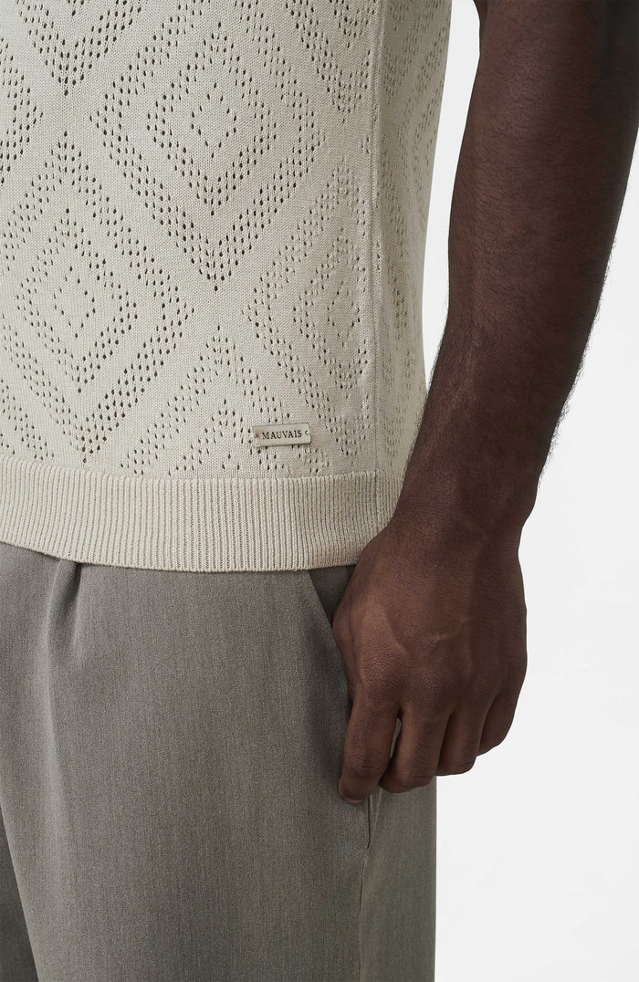 Chalbi Slim Fit Knit Pointelle Zip Polo in Beige