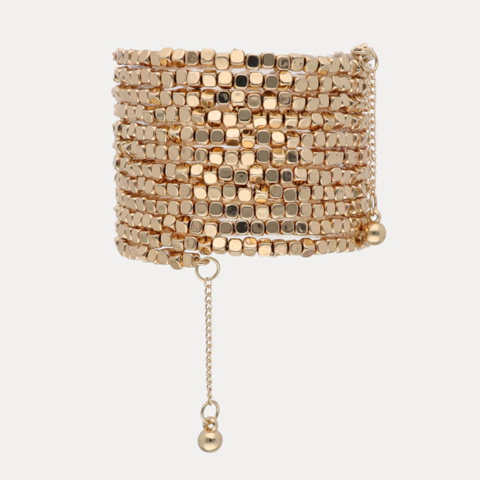 BuDhaGirl Champagne gold multi coil wrap bracelet with textured cube beads and a dangling chain accent for an elegant stacked look