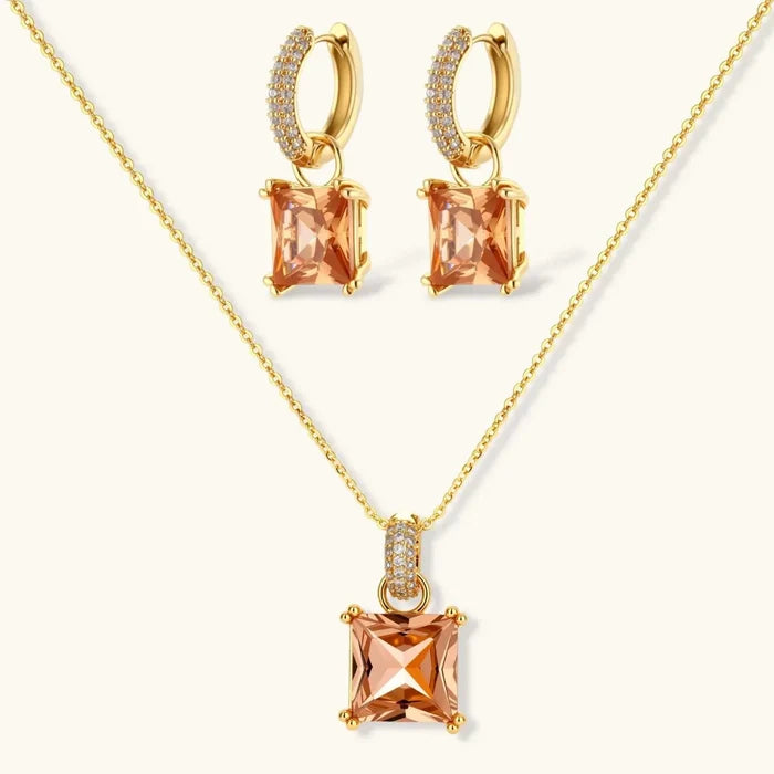 Champagne Zirconia Necklace and matching gold-tone huggie earrings with square champagne stones and pavé accents