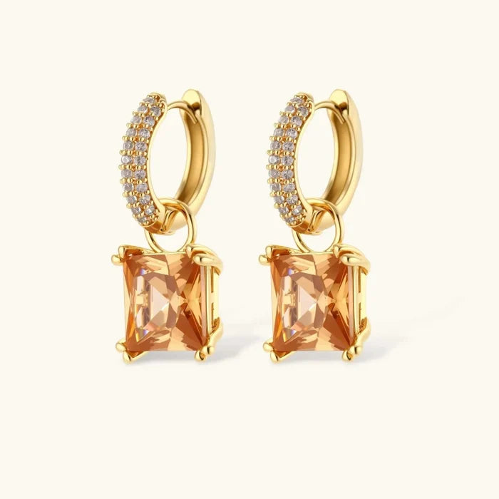 Champagne Zirconia Necklace set features gold-tone huggie earrings with square champagne stones and clear pavé accents