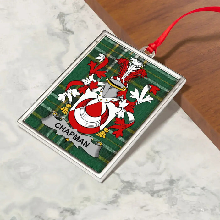 Chapman Irish family crest Christmas ornament — crest and tartan detail