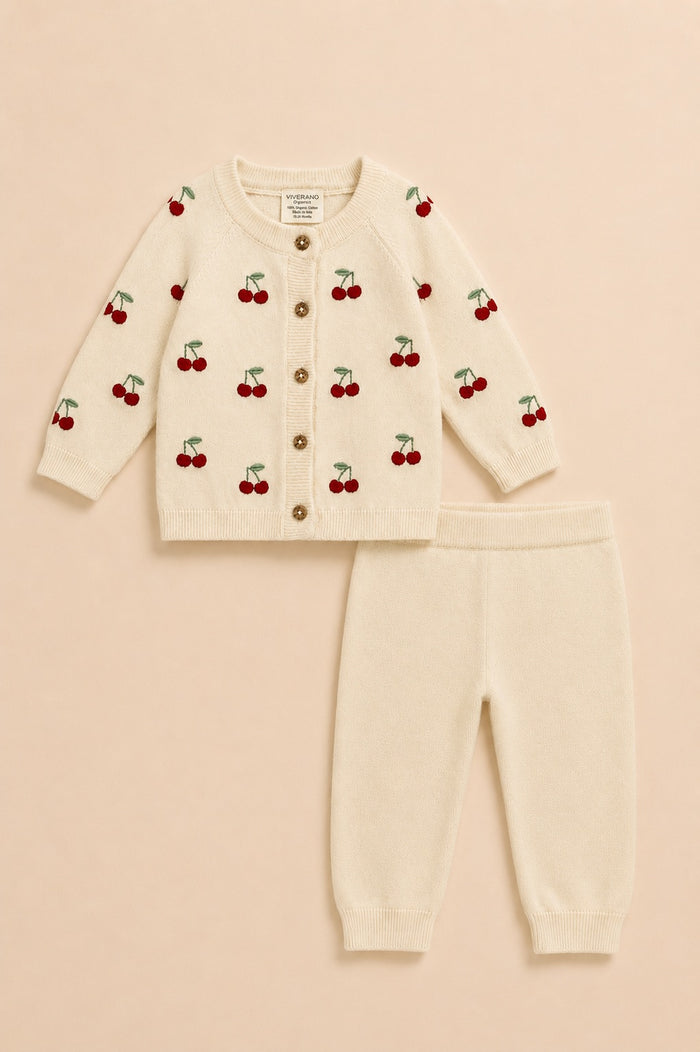 Cherry Embroidered Sweater Knit Baby Top and Pants, Organic Cotton