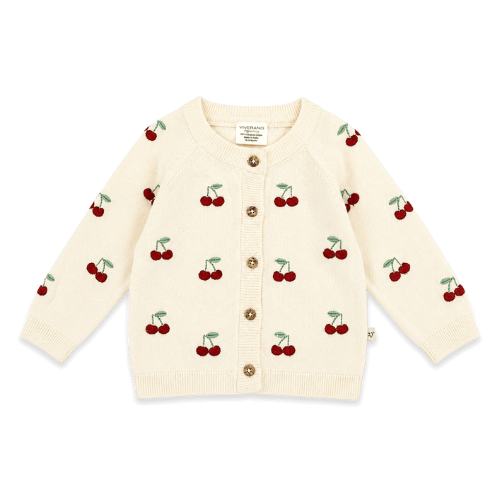 Cherry Embroidered Sweater Knit Baby Cardigan, Organic Cotton