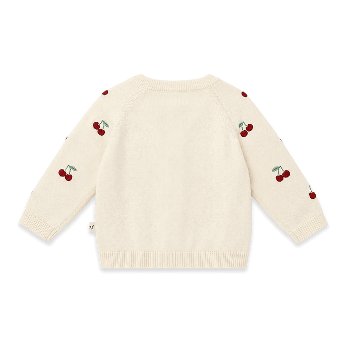 Organic Cotton Cherry Embroidered Sweater Knit Baby Cardigan, Back