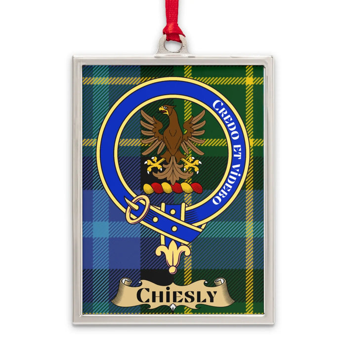 Chiesly tartan-background crest ornament shown as a Scottish heritage keepsake gift
