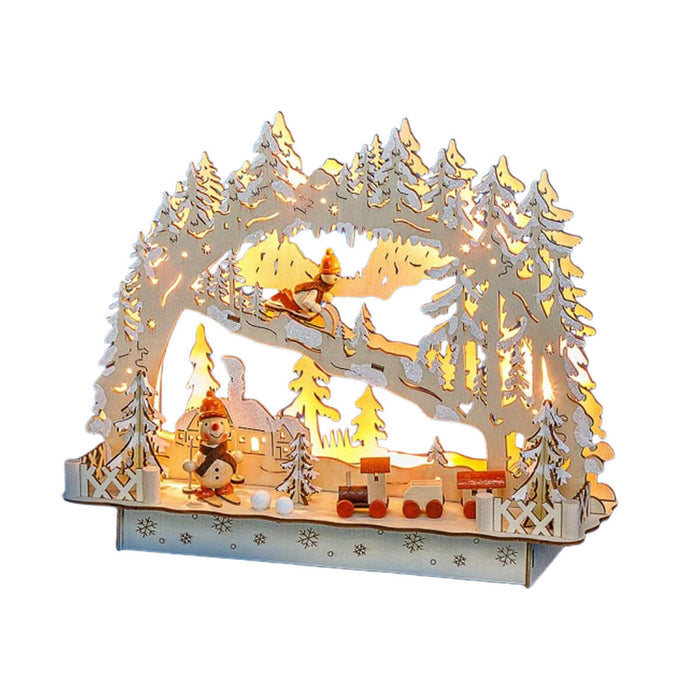 LED Christmas Schwibbogen with winter village scene, train, snowman, snow-covered trees, and warm holiday lighting