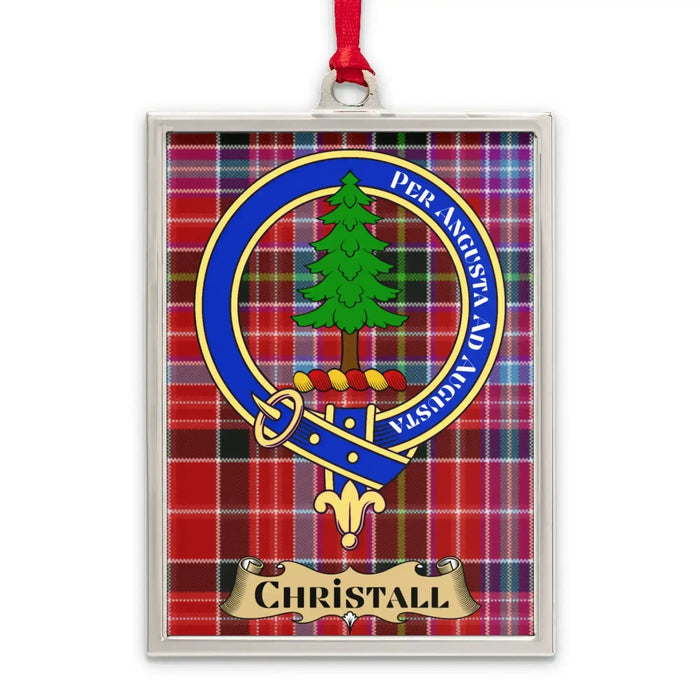 Chrystall tartan-background crest ornament shown as a Scottish heritage keepsake gift