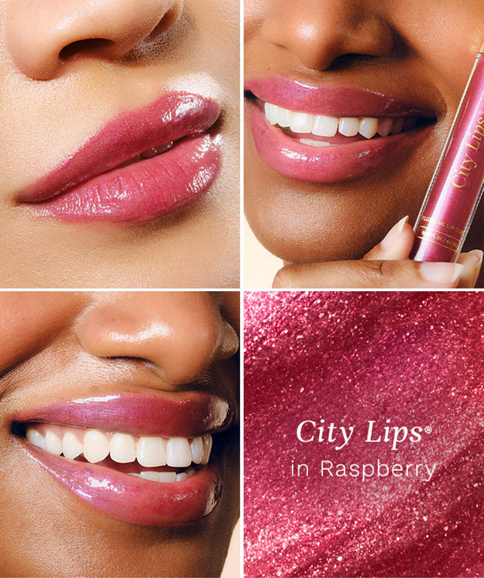 City Lips Raspberry lipgloss in shimmery berry, showcasing glossy, vibrant lips with a shimmering finish.