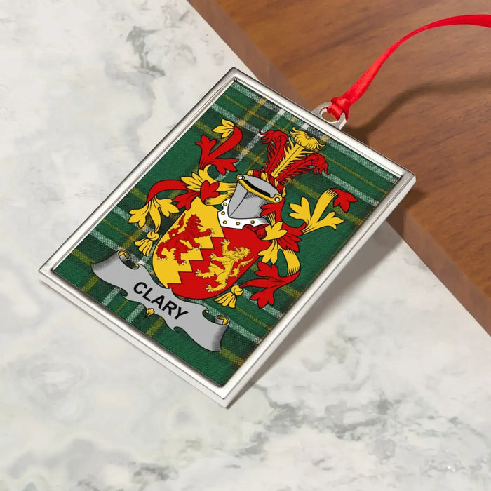 Clary Irish family crest Christmas ornament — crest and tartan detail