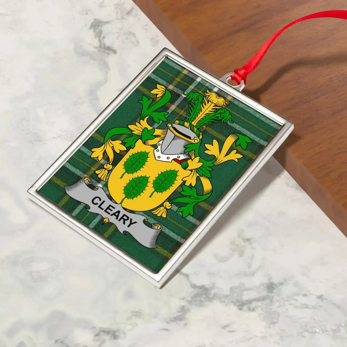 Cleary Irish family crest Christmas ornament — crest and tartan detail