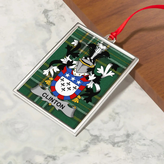 Clinton Irish family crest Christmas ornament — crest and tartan detail