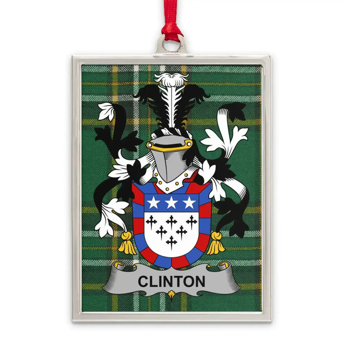 Clinton Irish family crest Christmas ornament — silver-tone portrait-frame keepsake