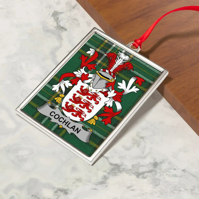 Cochlan Irish family crest Christmas ornament — crest and tartan detail