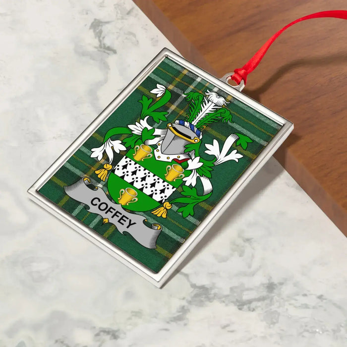 Coffey Irish family crest Christmas ornament — crest and tartan detail