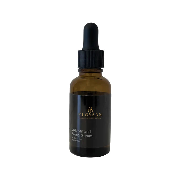 Collagen and Retinol Serum in an amber glass dropper bottle with a black label and pipette cap