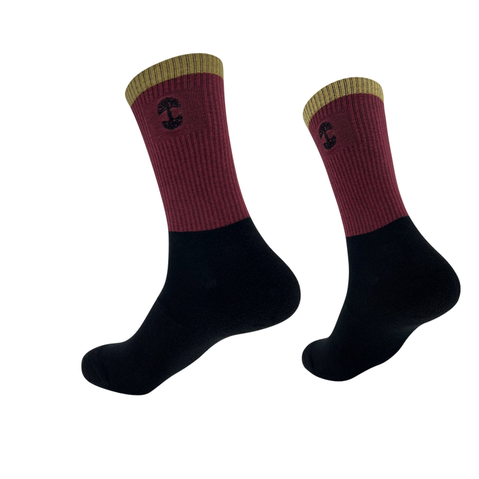 A pair of Oaklandish Colorblock socks features a two-tone design: the top half is burgundy with a yellow cuff and a small black mushroom emblem, and the bottom half is black. The socks are depicted against a plain white background, showing both side and bottom views.