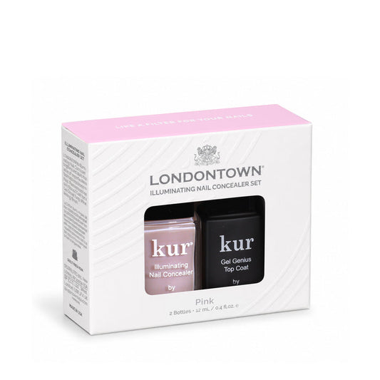 The LONDONTOWN Conceal + Go Pink set includes Illuminating Nail Concealer and Gel Genius Top Coat in a stylish white and pink box—the perfect duo for luminous, natural-looking nails.