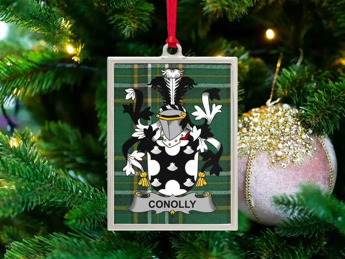 Conolly Irish family crest Christmas ornament — crest on the Irish national tartan in a silver-tone frame
