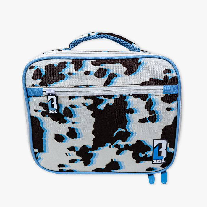 Adult model wearing multi-color lunch box with "Cowhide Curveball SZN 2" design
