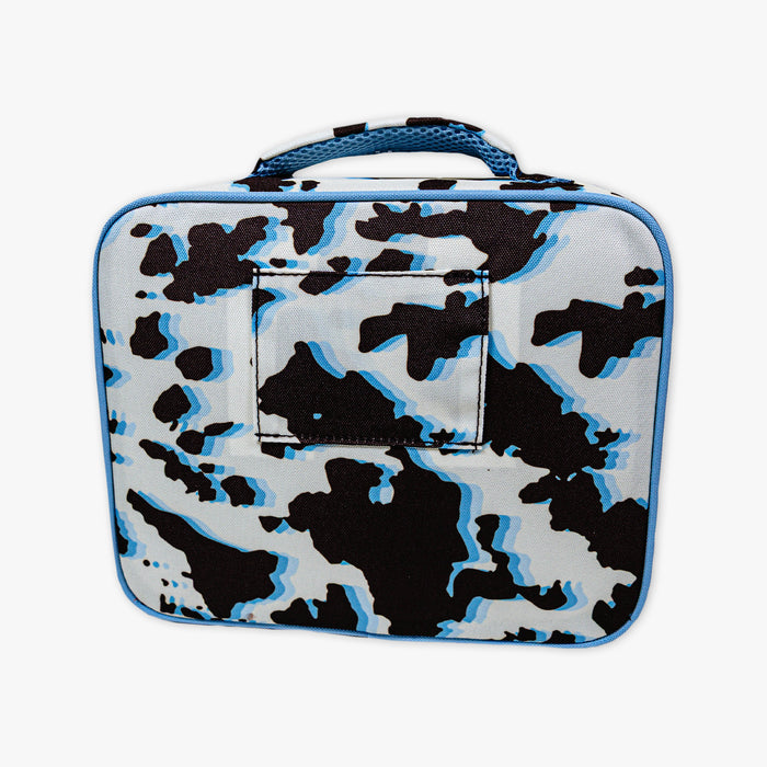 Adult model wearing multi-color lunch box with "Cowhide Curveball SZN 2" design