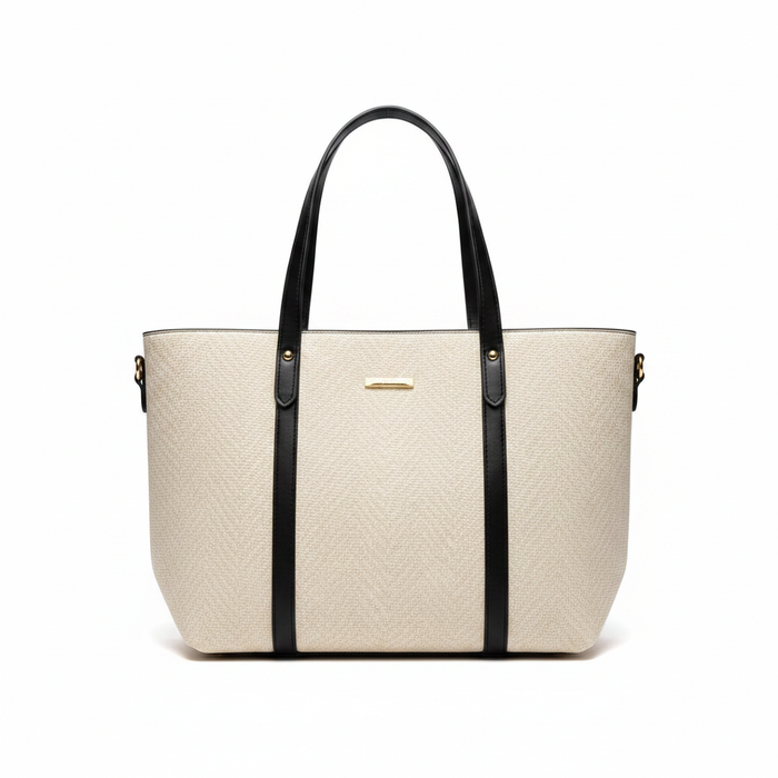 Cream Herringbone Tote Bag - White Background