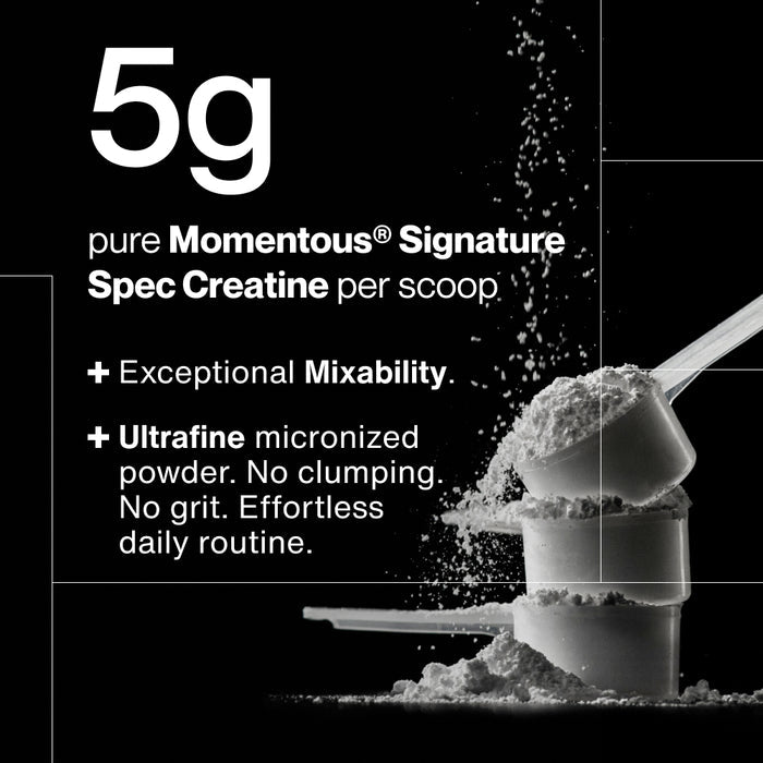 Black background with creatine powder cascading over three stacked measuring scoops. Text reads: 5g pure Momentous Signature Spec Creatine per scoop. Two feature callouts: Exceptional Mixability. Ultrafine micronized powder. No clumping. No grit. Effortless daily routine.