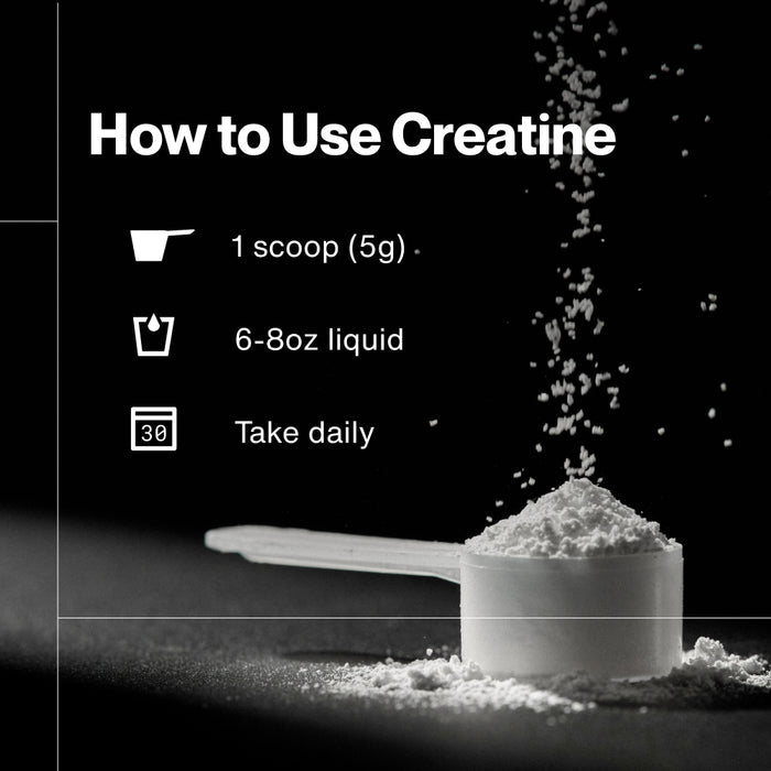How to Use Creatine. Black background with creatine powder pouring into a measuring scoop. Instructions: 1 scoop (5g), mix with 6–8oz liquid, take daily.