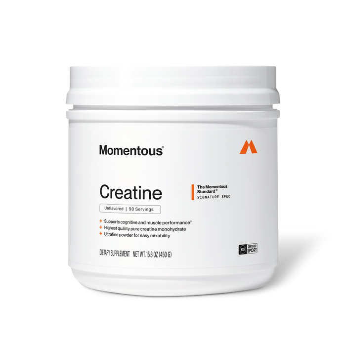 Momentous Creatine Monohydrate jar, unflavored 90 servings, 15.8oz 450g, NSF Certified Sport, Signature Spec, supports cognitive and muscle performance, highest quality pure creatine monohydrate, ultrafine powder for easy mixability
