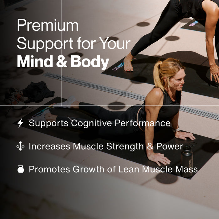 Woman exercising on a yoga mat with Momentous Creatine benefits listed - premium support for your mind and body, supports cognitive performance, increases muscle strength and power, promotes growth of lean muscle mass