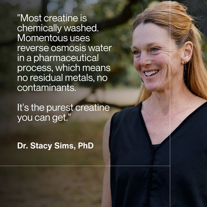 Dr. Stacy Sims PhD endorsing Momentous Creatine, stating most creatine is chemically washed but Momentous uses reverse osmosis water in a pharmaceutical process with no residual metals or contaminants, calling it the purest creatine you can get