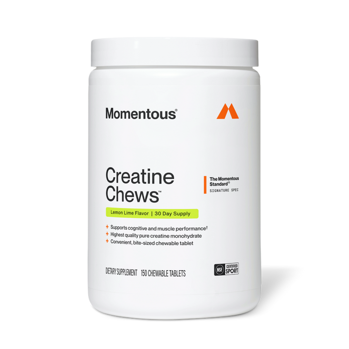 White jar of Momentous Creatine Chews, Lemon Lime Flavor, 30 Day Supply. The Momentous Standard Signature Spec. Key benefits: Supports cognitive and muscle performance, Highest quality pure creatine monohydrate, Convenient bite-sized chewable tablet. Dietary Supplement, 150 Chewable Tablets. NSF Certified for Sport.