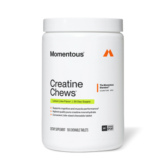 White jar of Momentous Creatine Chews, Lemon Lime Flavor, 30 Day Supply. The Momentous Standard Signature Spec. Key benefits: Supports cognitive and muscle performance, Highest quality pure creatine monohydrate, Convenient bite-sized chewable tablet. Dietary Supplement, 150 Chewable Tablets. NSF Certified for Sport.