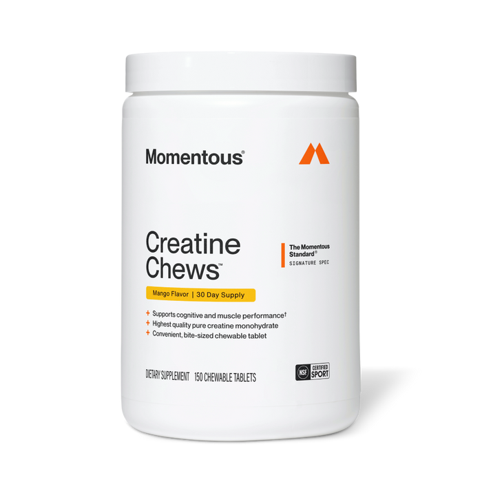 White jar of Momentous Creatine Chews, Mango Flavor, 30 Day Supply. The Momentous Standard Signature Spec. Key benefits: Supports cognitive and muscle performance, Highest quality pure creatine monohydrate, Convenient bite-sized chewable tablet. Dietary Supplement, 150 Chewable Tablets. NSF Certified for Sport.