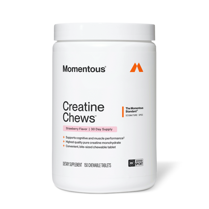 White jar of Momentous Creatine Chews, Strawberry Flavor, 30 Day Supply. The Momentous Standard Signature Spec. Key benefits: Supports cognitive and muscle performance, Highest quality pure creatine monohydrate, Convenient bite-sized chewable tablet. Dietary Supplement, 150 Chewable Tablets. NSF Certified for Sport.