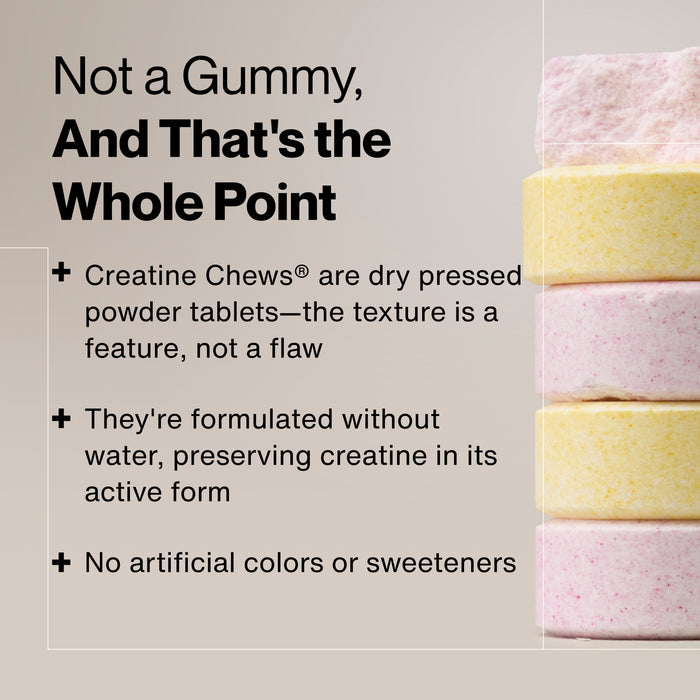Not a Gummy, And That's the Whole Point. Creatine Chews are dry pressed powder tablets—the texture is a feature, not a flaw. They're formulated without water, preserving creatine in its active form. No artificial colors or sweeteners. Stack of pink and yellow Creatine Chew tablets