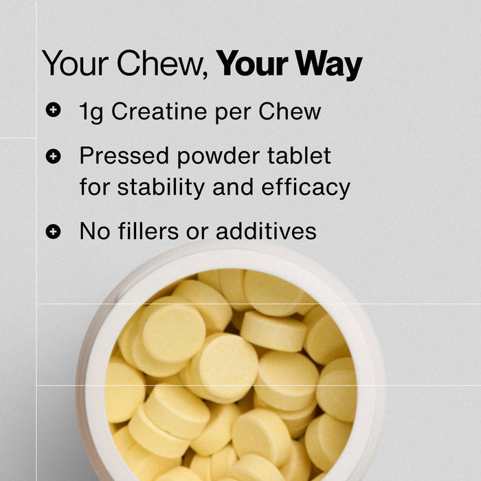 Your Chew, Your Way. Open jar of yellow chewable creatine tablets on a light gray background. Three product callouts: 1g Creatine per Chew, Pressed powder tablet for stability and efficacy, No fillers or additives.
