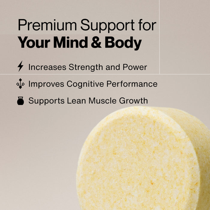 Premium Support for Your Mind & Body. Increases Strength and Power. Improves Cognitive Performance. Supports Lean Muscle Growth. Close-up of a yellow Creatine Chew tablet