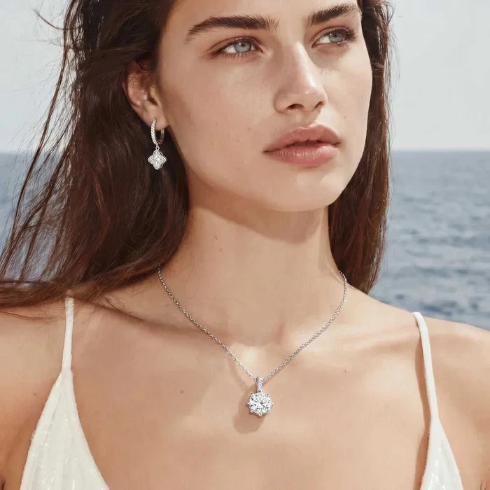 Crystal Clarity Clear-Stone Pendant Necklace in silver with a fine chain, round faceted clear stone and pavé-accented bail