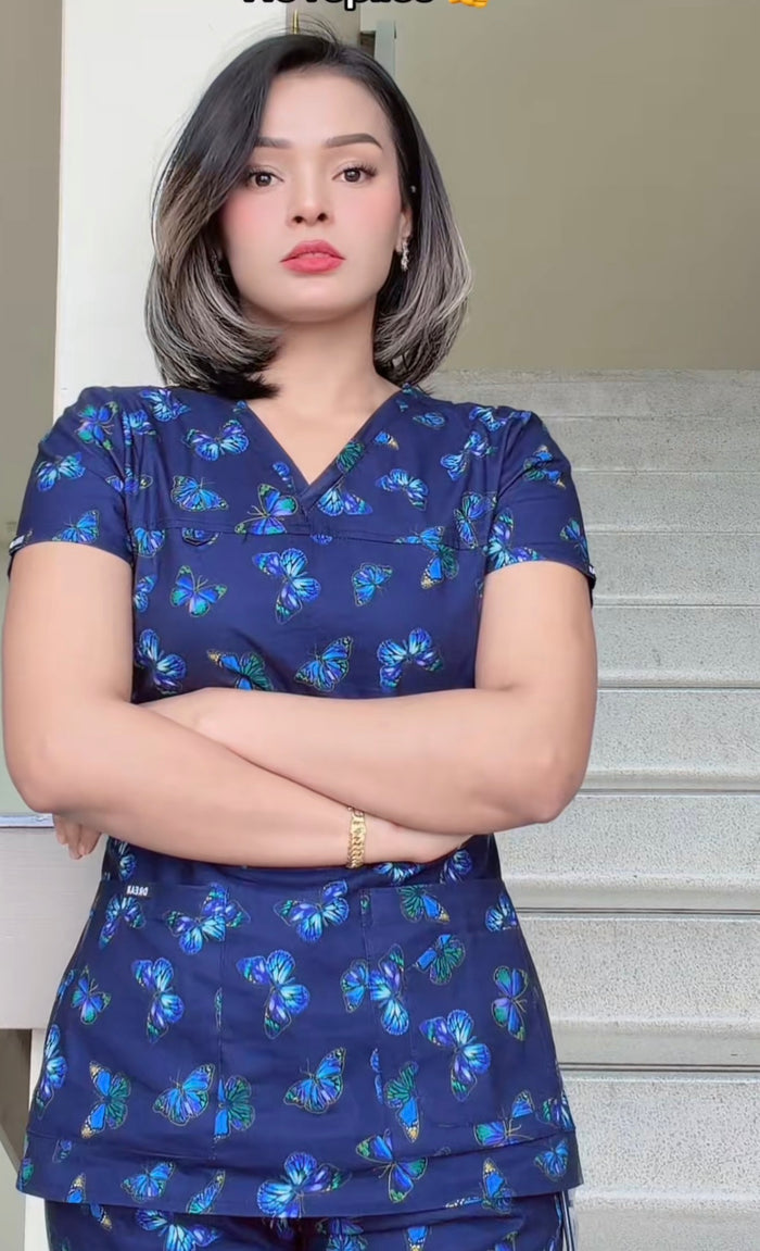 Navy Butterfly print(V neck) / Custom size(Chest, Waist, Hip, Pant length)