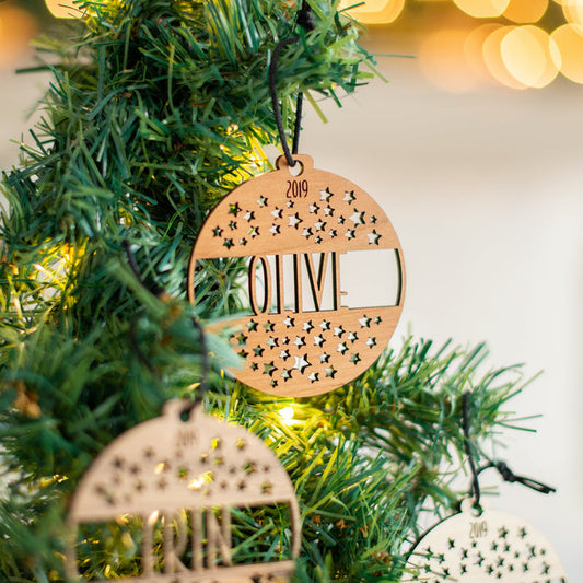 Custom Wood Ornaments: Star Design - Laser Cut and Laser Engraved Cherry Wood by LeeMo Designs in Bend, Oregon