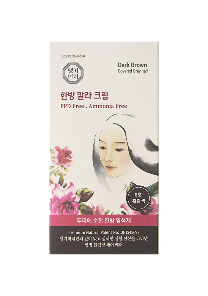 Product packaging for dark brown hair color with a woman's face on a white background