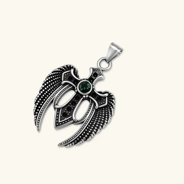 Dark Angel Wing Cross Necklace with a silver-toned sculpted winged cross pendant, dark accents, and a green center stone