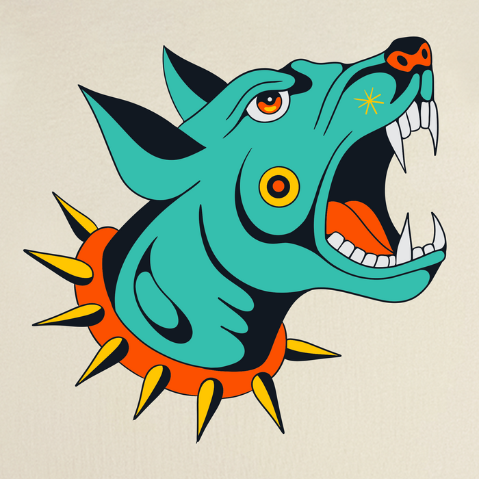 Introducing the Dawg Tee by Other—a bold, graphic, and abstract design reminiscent of tattoo flash art. This classic fit t-shirt features a stylized turquoise dog head with an open mouth, sharp white fangs, and pointed ears adorned with an orange spiked collar. Yellow, black, and orange accents make the details pop against a light background. Crafted from 100% cotton, the Dawg Tee offers exceptional comfort and lasting style.