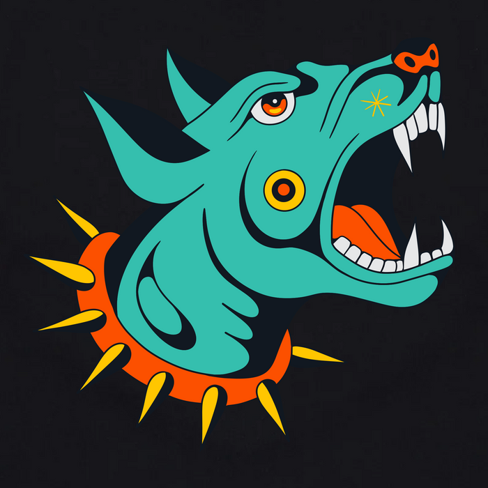 Showcasing a stylized teal dog head with sharp white fangs, an orange tongue, yellow eyes, an orange-and-yellow spiked collar, and a star marking on its nose against a black background, the Dawg Tee by Other is inspired by tattoo flash art. The fierce dog’s open mouth stands out on this classic fit t-shirt crafted from 100% cotton.