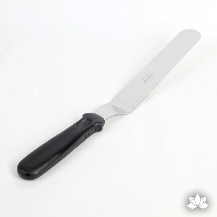 Offset Icing Spatula Stainless steel spatula used for cake decorating and spreading the icing on your cake.  A cake decorator's must have in the bakery or kitchen.