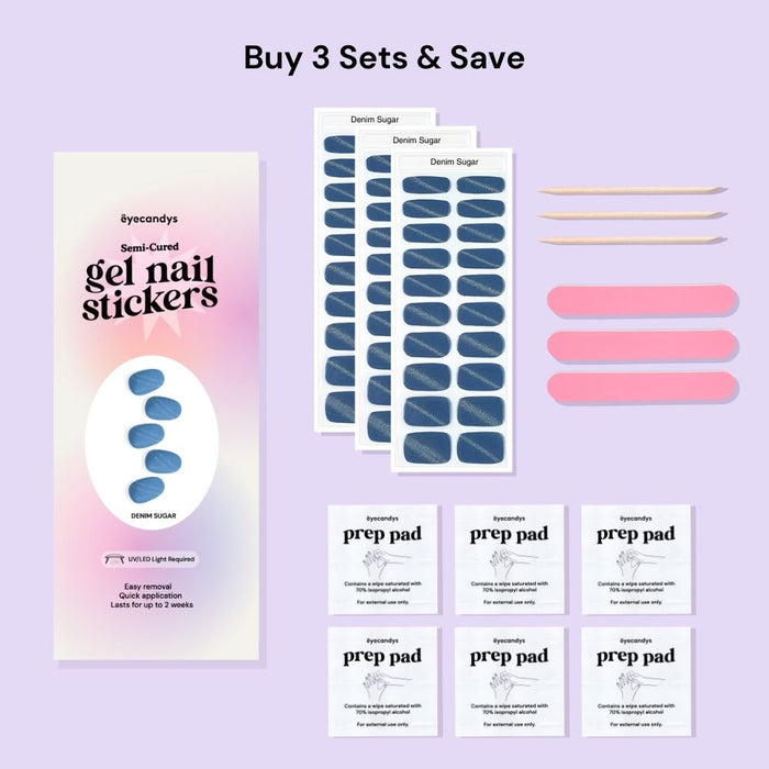 EyeCandys Denim Sugar Gel Nail Stickers in blue with glitter, packaged with 3 gel nail sticker sets, 6 alcohol pads, 3 nail files, and 3 wooden sticks. Perfect for creating sparkling, trendy spring nails that last 2-3 weeks. Made with a 7-free, allergy-friendly formula, no UV lamp required for application.