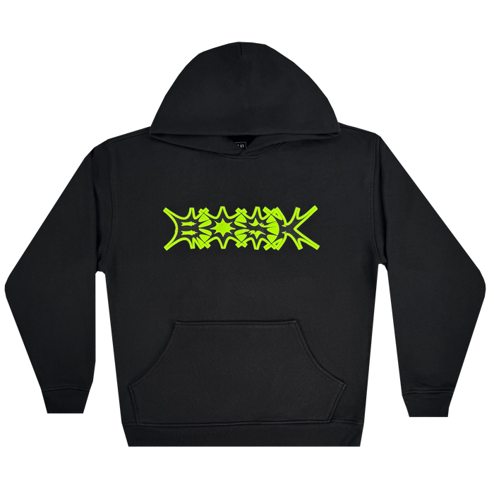 The Distortion Hoodie by Other features a front pocket and an oversized drop-shoulder silhouette, crafted from soft cotton fleece. A bold, neon green graffiti-style graphic in jagged lines creates an abstract effect across the chest. The hoodie is shown against a plain light gray background.