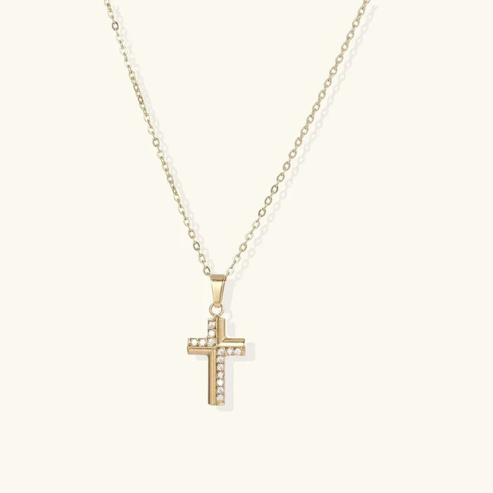 Divine Radiance 14K Gold-Plated crystal cross necklace with a slim gold-tone chain and sparkling pavé accents