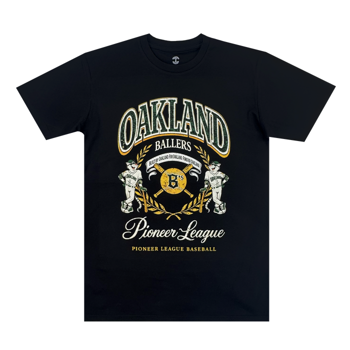 The Oakland Ballers Double Tee is a black T-shirt with "OAKLAND BALLERS" in bold over a vintage Oakland baseball team logo of two cartoon players, plus “Pioneer League” and “Pioneer League Baseball” in yellow and white script and block fonts.