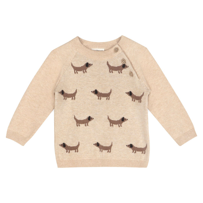 Doxie Dog Jacquard Knit Baby Raglan Pullover Sweater, Organic Cotton